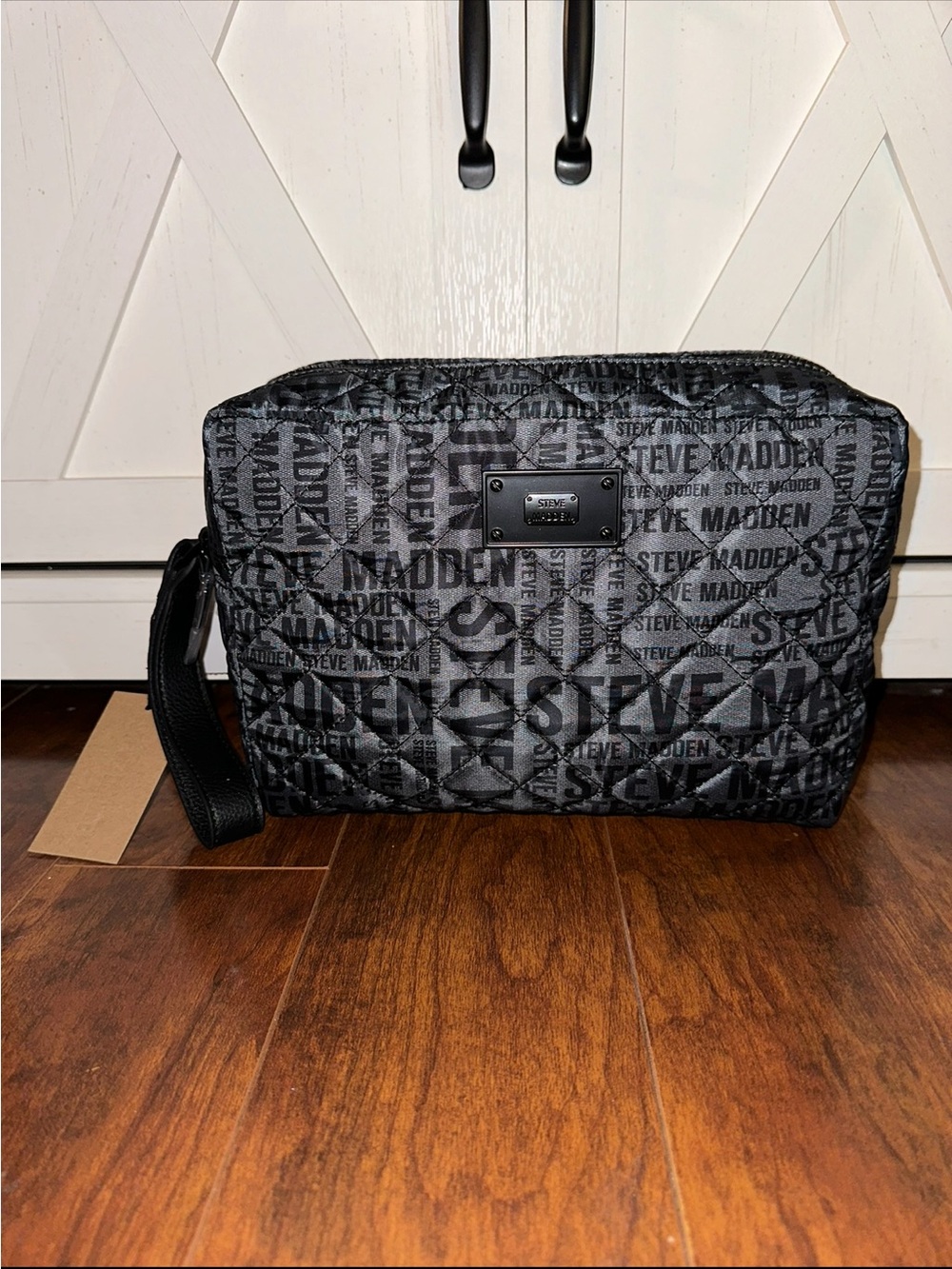 Steve Madden Black Quilted Logo Double Zip Cosmetic Case with Wrist Strap